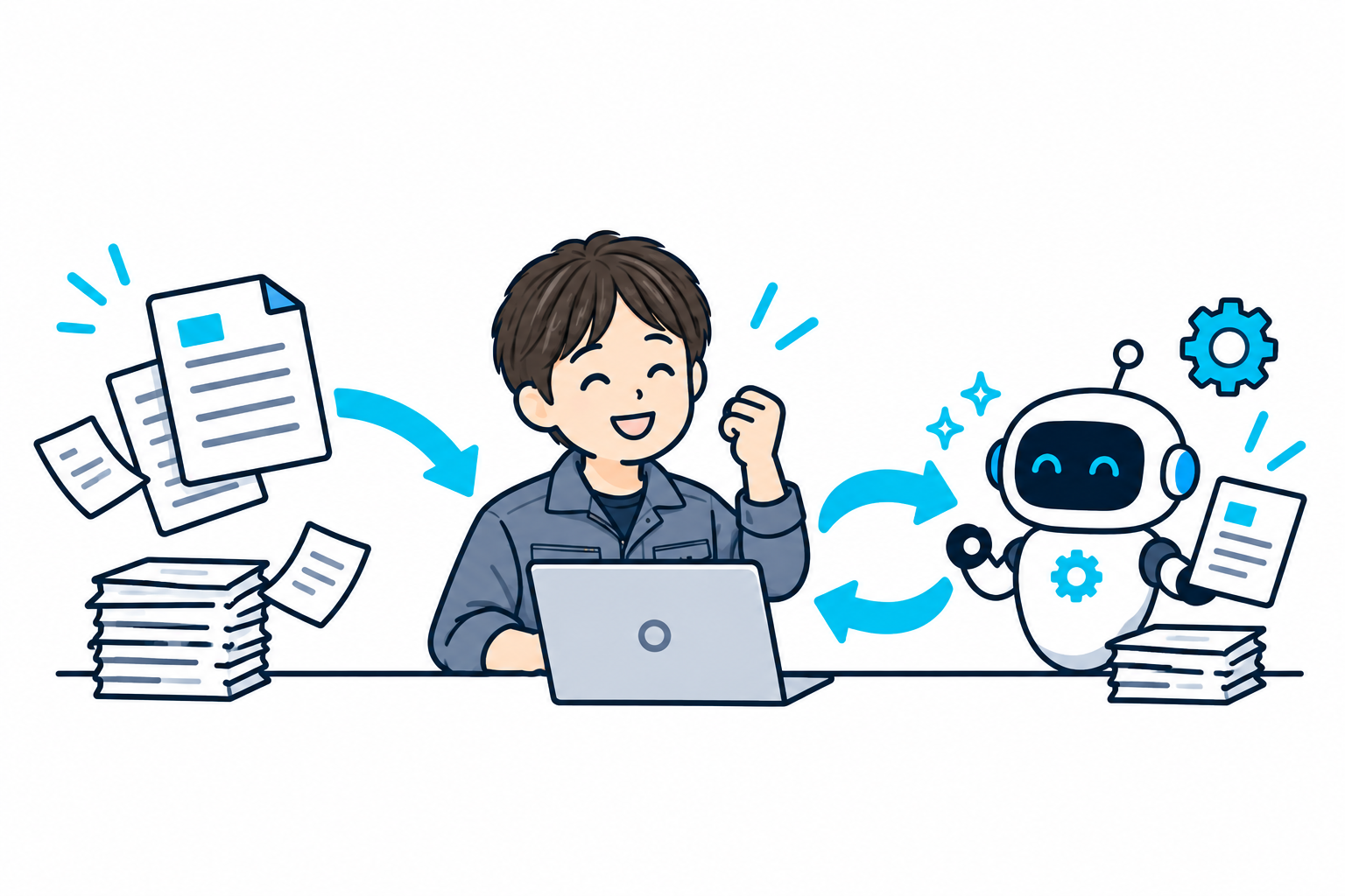 書類整理と自動化を進めるスタッフとAIロボット