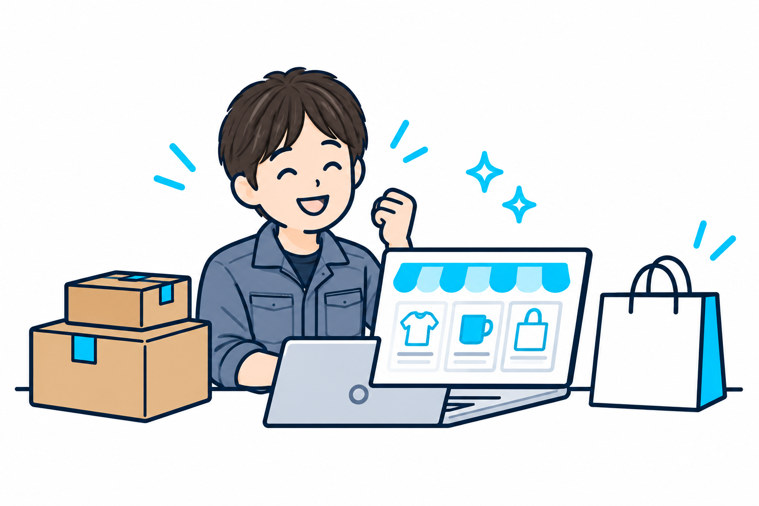 ネットショップと商品の発送を準備するスタッフ