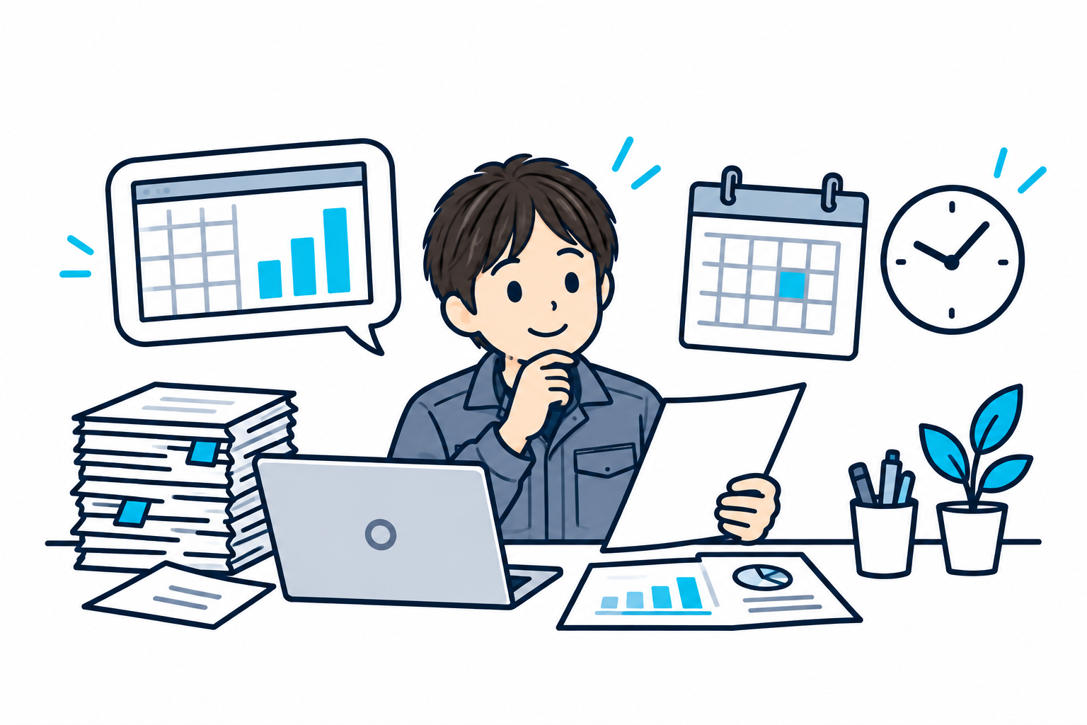 月次集計の資料とグラフを確認するスタッフ
