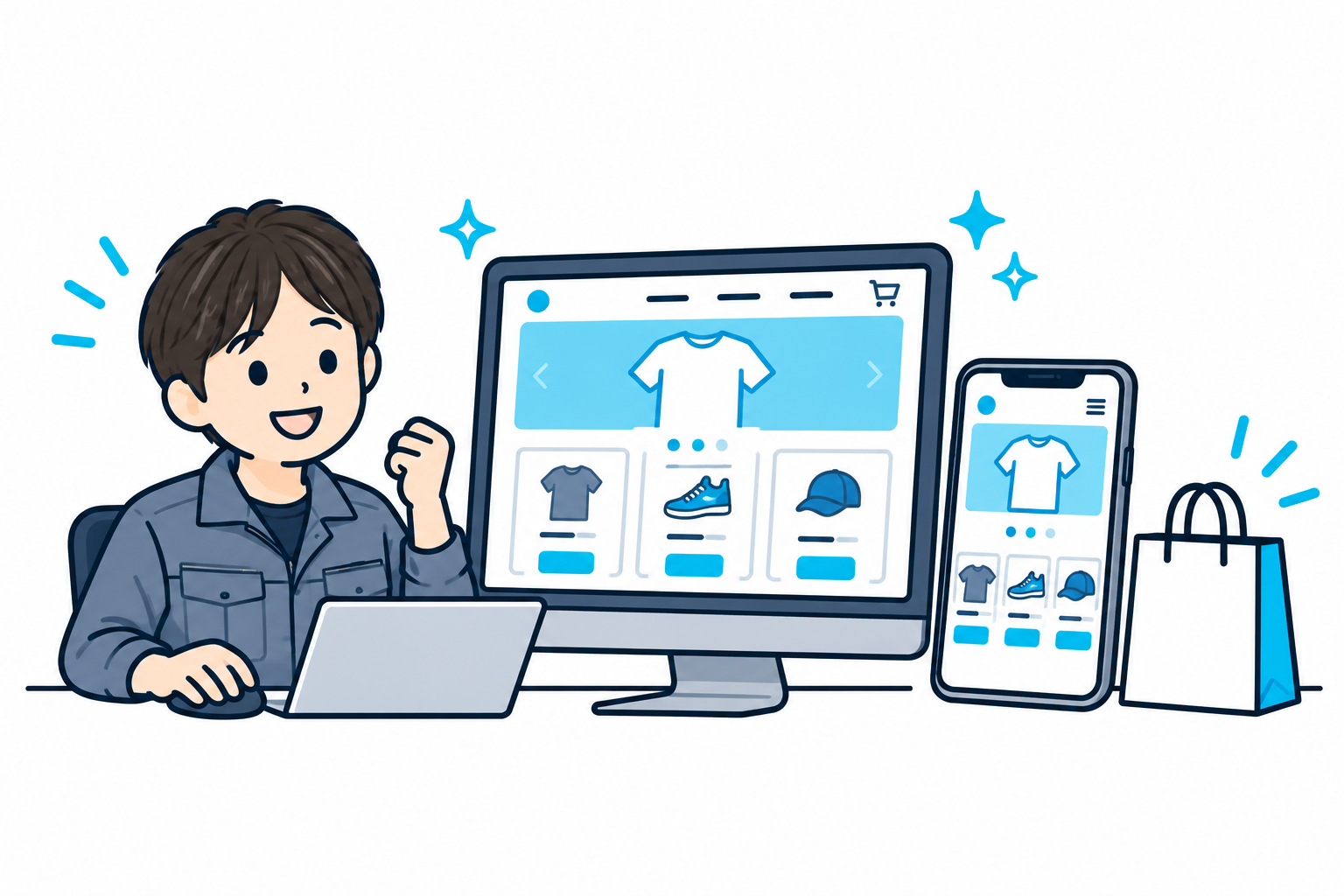 パソコンとスマホに合わせたECサイトを制作するスタッフ