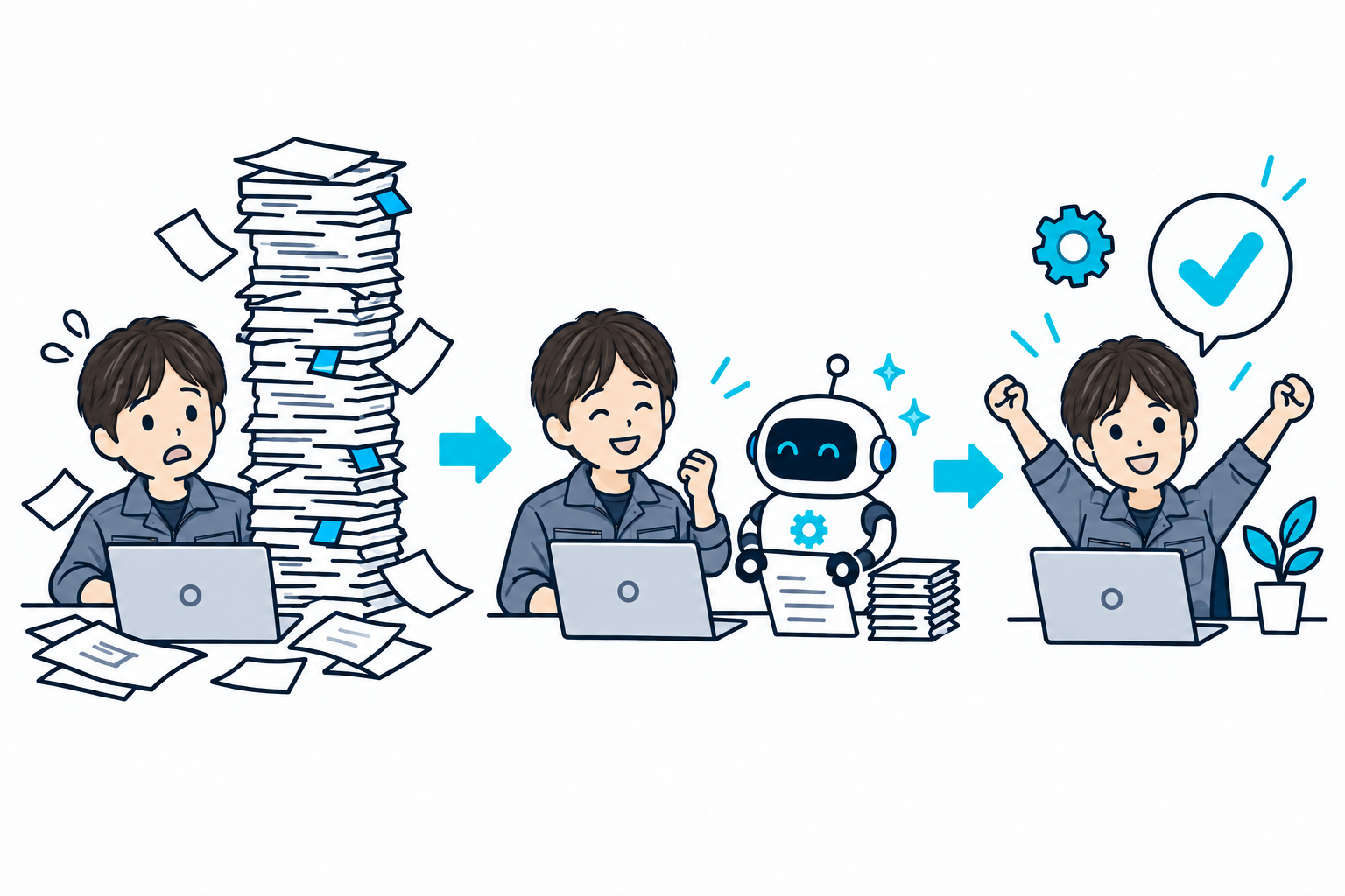 繰り返す作業を自動化し、仕事がスムーズになるイメージ